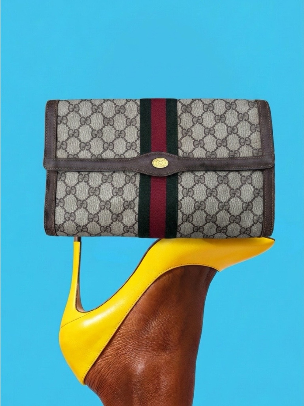 Gucci Vintage Brown GG Canvas Clutch with Green-Red Web Stripe